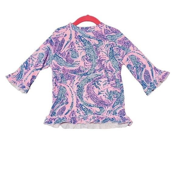 LILY PULITZER Girl's Ruffle Hem 3/4 Sleeve Pink Blue AlligatorRash Guard Top 10 - Picture 1 of 5